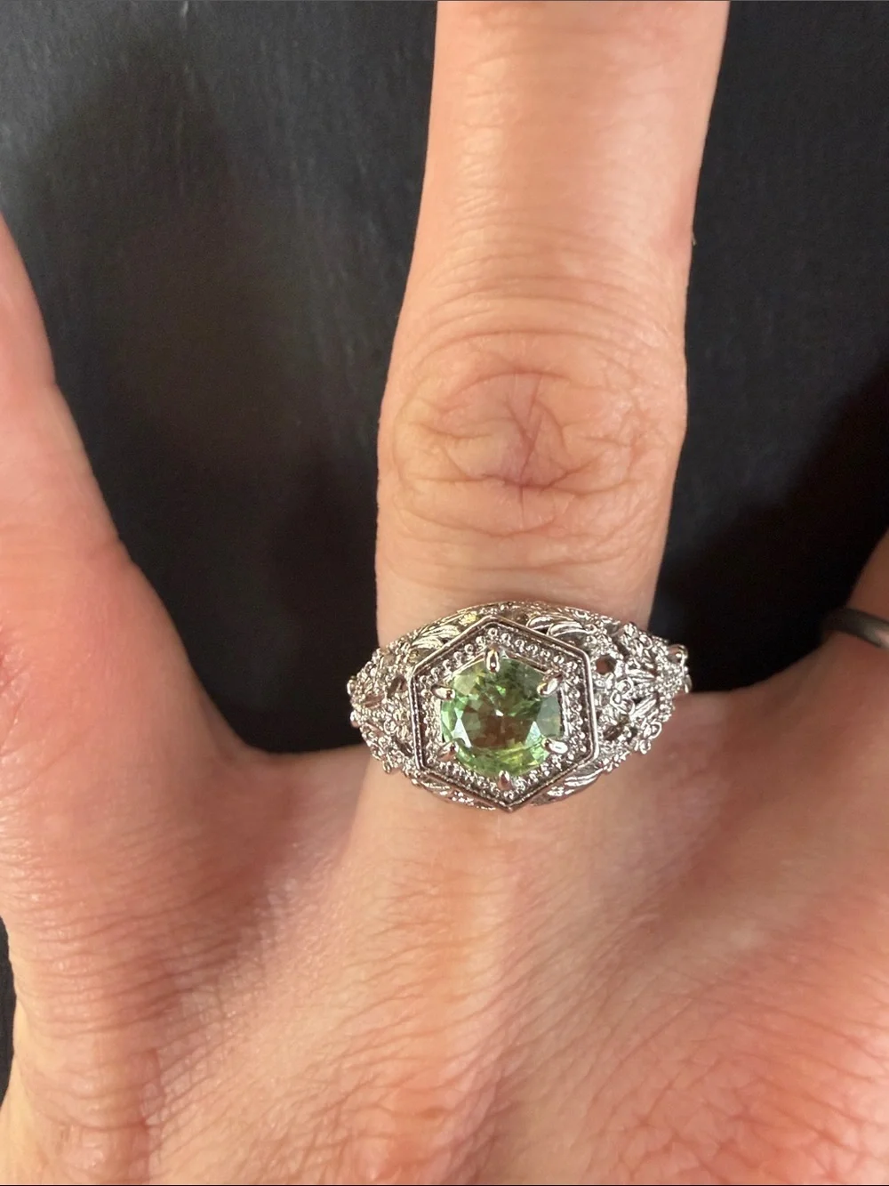 PERIDOT VINTAGE STYLE ART DECO FILIGREE RING Sz7